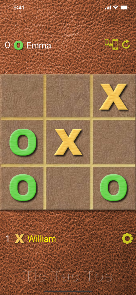 Plateau de jeu Tic Tac Toe montrant un match entre Emma et William avec des O verts et des X jaunes