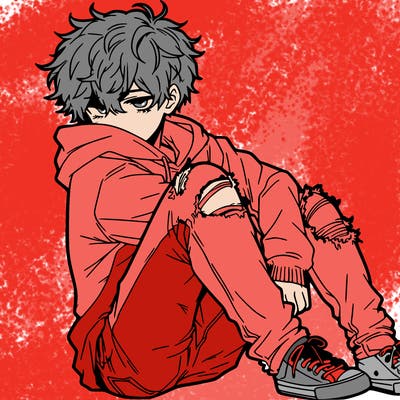 a male hoddie ripped jeans messy hair anime