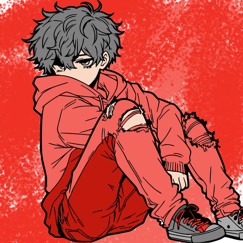 a male hoddie ripped jeans messy hair anime