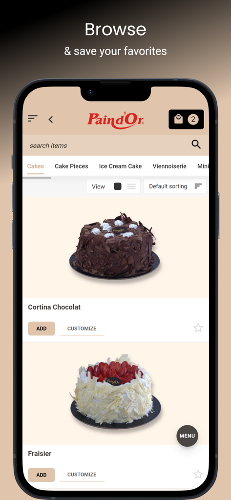 Interfaz móvil de la aplicación de panadería Pain Dor mostrando una variedad de pasteles, incluyendo opciones de chocolate y fresa disponibles para pedidos en línea.