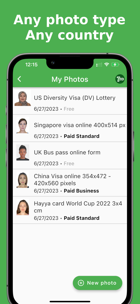 7ID: passport photos - A list of various international passport and visa photos on a smartphone screen