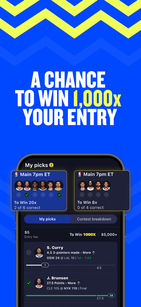 Interfaccia dell'app mobile FanDuel Picks che mostra le proposte dei giocatori NBA e una schermata di potenziale vincita 1000x