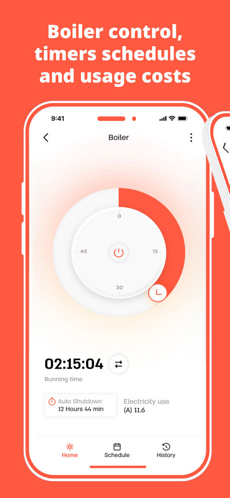 Switcher - Smart Home - Pantalla de smartphone que muestra la interfaz de control de caldera de la aplicación Switcher con temporizadores y seguimiento del consumo de electricidad