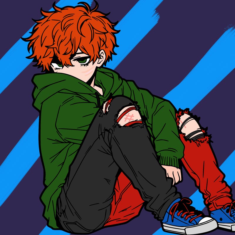 a male hoddie ripped jeans messy hair anime