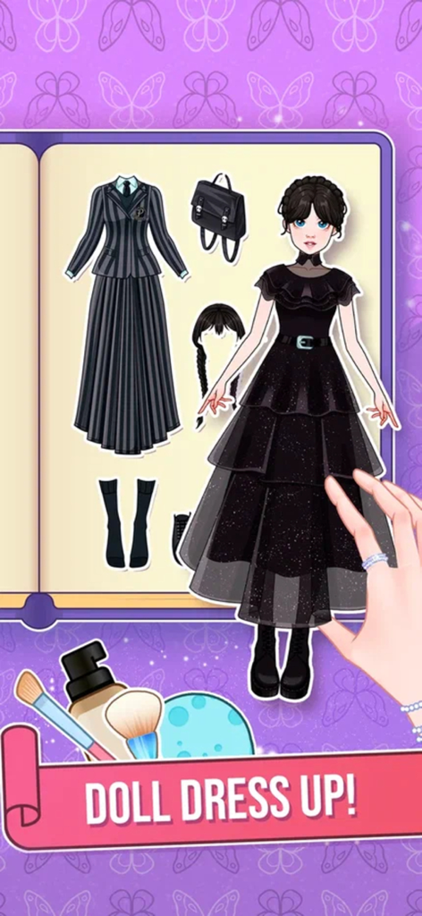 Digital paper doll wearing a black gothic dress in a fashion dress up game