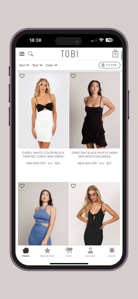 Tobi - Mobile screen of the Tobi shopping app displaying a variety of stylish mini dresses with 60 percent off discounts.