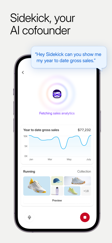L'interface de l'application mobile Shopify affiche l'assistant IA Sidekick fournissant un graphique d'analyse des ventes brutes depuis le début de l'année.