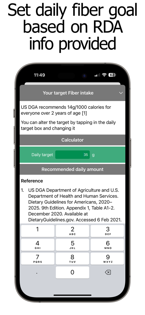 Fiber Counter and Tracker - Mobile app screen for setting a daily fiber intake target based on dietary guidelines.