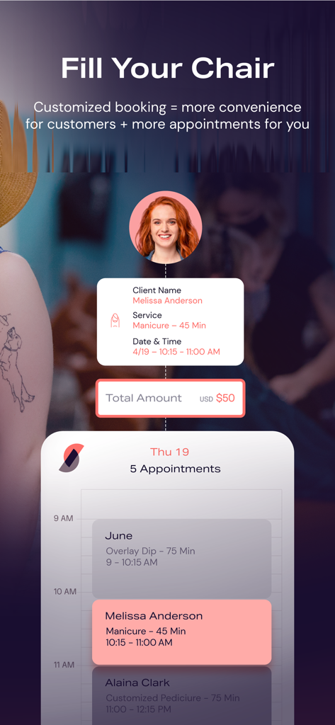 DaySmart Salon Software - DaySmart Salon App-Oberfläche zeigt eine Terminbuchung für eine Maniküre und einen Tageskalender für einen Beauty-Profi.