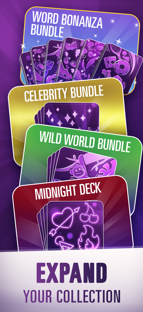 A stack of colorful themed card bundles for the Taboo mobile game including Celebrity and Wild World decks