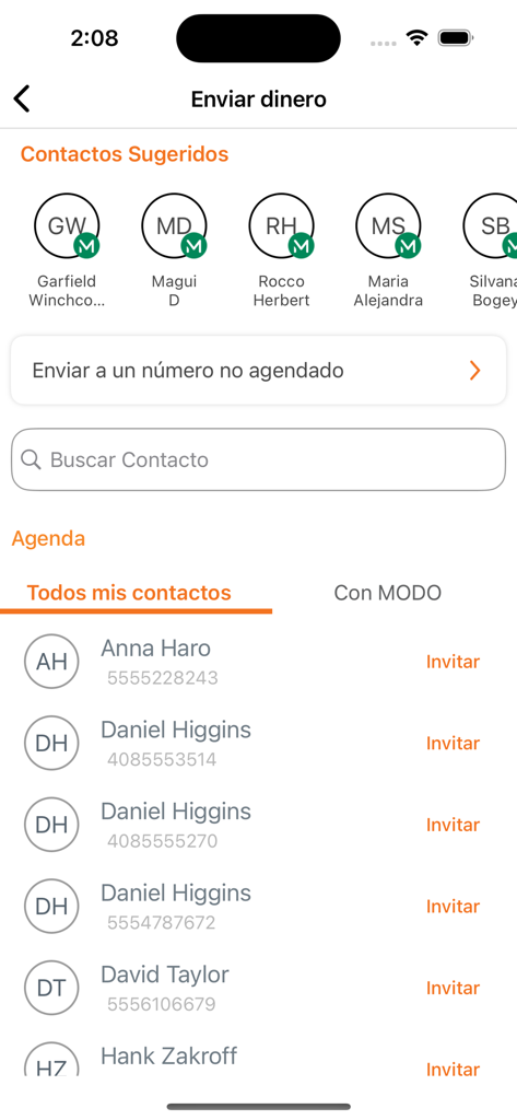 Banca Móvil Banco Hipotecario - Interface of the Banco Hipotecario mobile app showing the send money screen with a list of contacts and suggested recipients