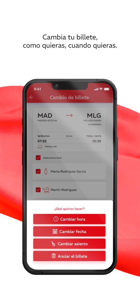 Iryo - Interfaccia dell'app mobile Iryo che mostra le opzioni per modificare o annullare una prenotazione di un biglietto del treno ad alta velocità