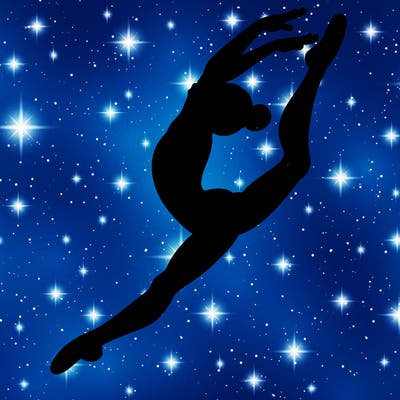 gymnast doing a leap in a leotard with a bent back leg