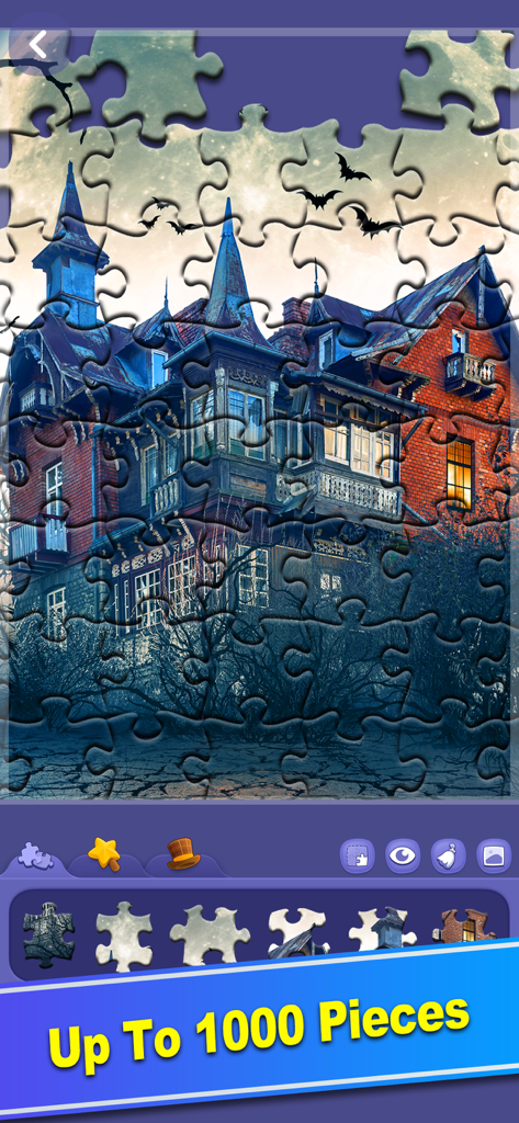 ColorPlanet® Jigsaw Puzzle - A jigsaw puzzle game interface showing a spooky mansion being solved with a selection of pieces at the bottom