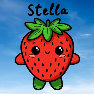 a cute little strawberry with arms and legs and a face with the words "stella" written above her