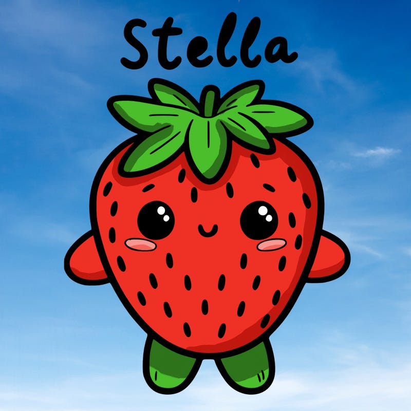a cute little strawberry with arms and legs and a face with the words "stella" written above her