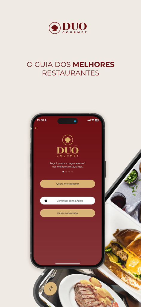Duo Gourmet smartphone app screen displaying a curated restaurant guide and a buy one get one free dining offer