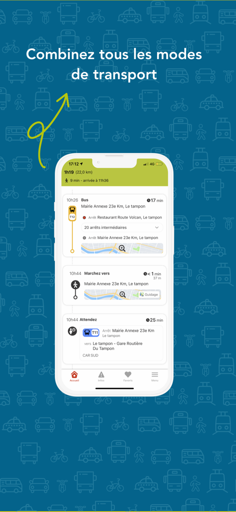 CARSUD - Interface of the CARSUD app showing a multimodal travel route with bus and walking segments