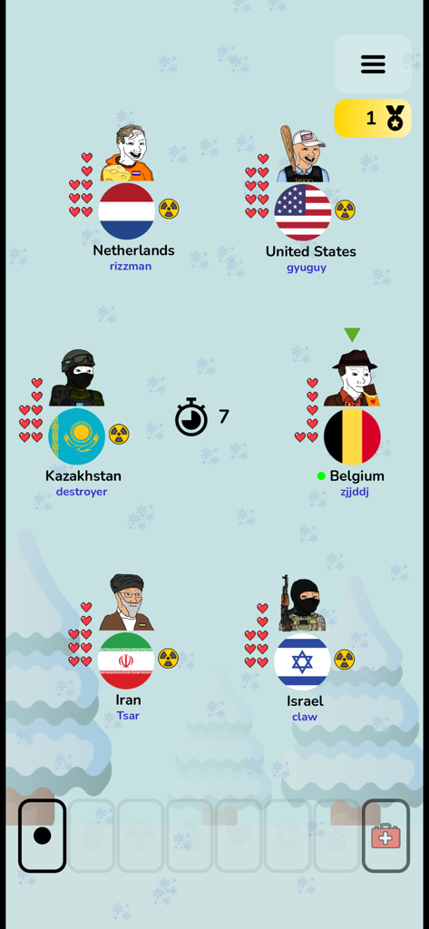 Pantalla de batalla multijugador en línea en Geofast Battle of Nations con avatares de diferentes países y armas estratégicas.