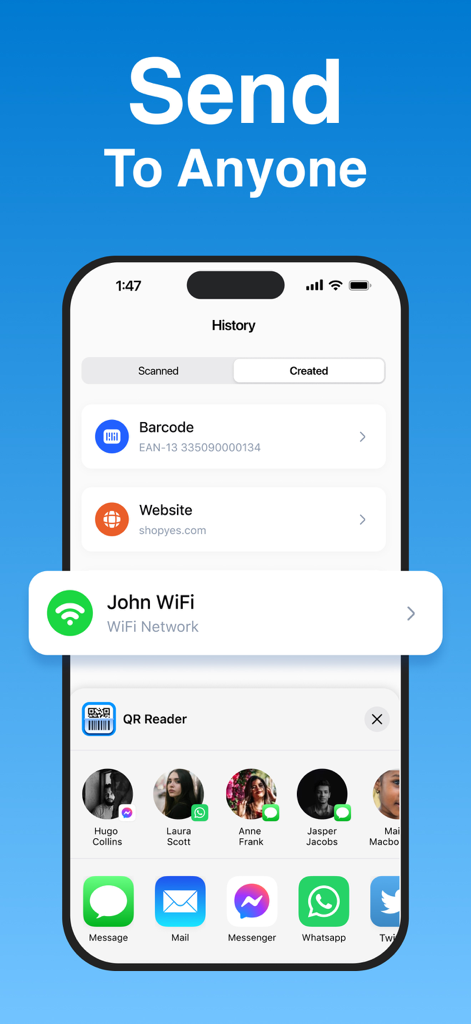 QR Code Reader ・Generator - Pantalla de iPhone que muestra el historial de códigos QR y el menú de compartir de iOS para enviar códigos creados a contactos.