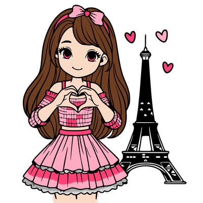 older girl by eiffel tower wearing a cute top and skirt hands in a heart shape long hair complex