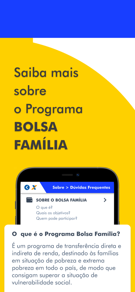 프로그램의 목적과 자격 요건을 포르투갈어로 설명하는 Bolsa Família 앱 화면