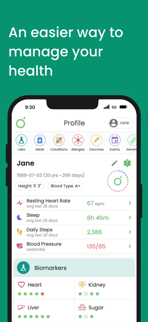 Guava: Health Tracker - User profile dashboard in Guava Health Tracker app showing heart rate sleep steps and blood pressure