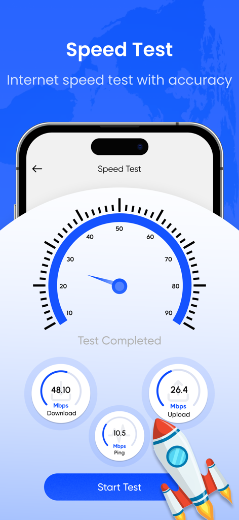App interface displaying internet speed test results including download and upload speeds