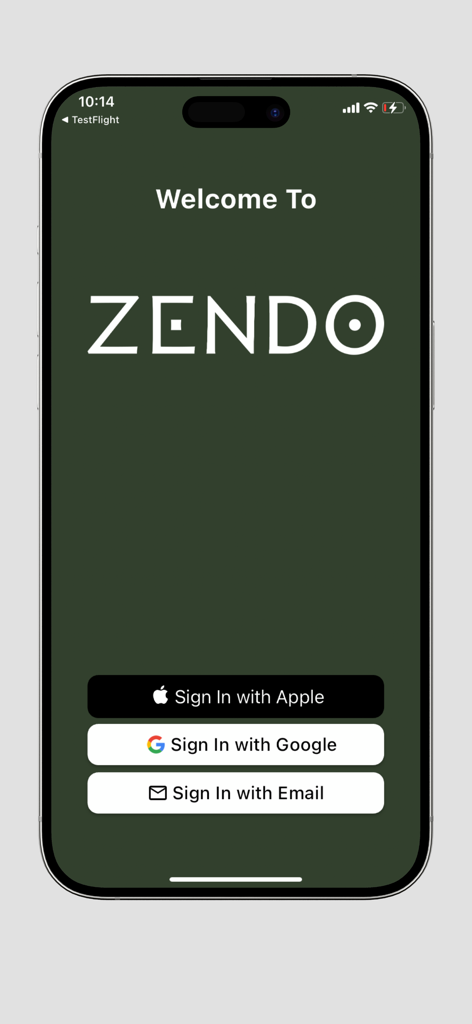 Zendo Meditation app welcome screen showing options to sign in with Apple Google or email