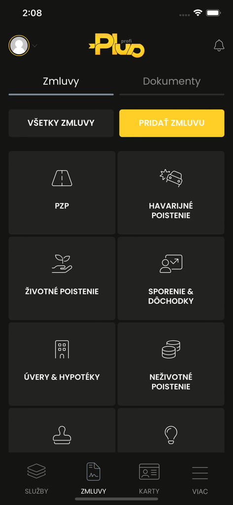 Pluska - Dashboard of the Pluska finance app displaying categories for insurance and financial contracts