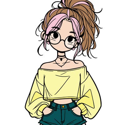 girl with a messy ponytail glasses a baggy crop top and jean shorts