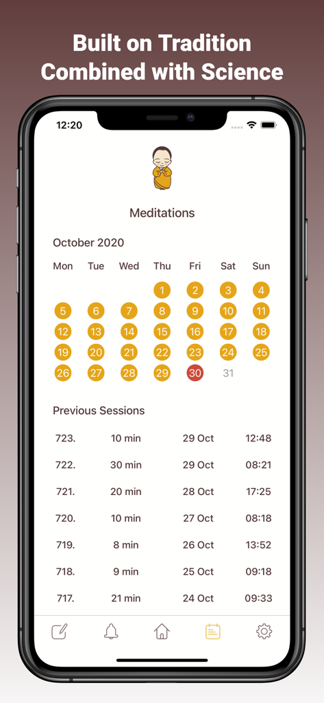 Rituality app showing a monthly meditation calendar and previous sessions log