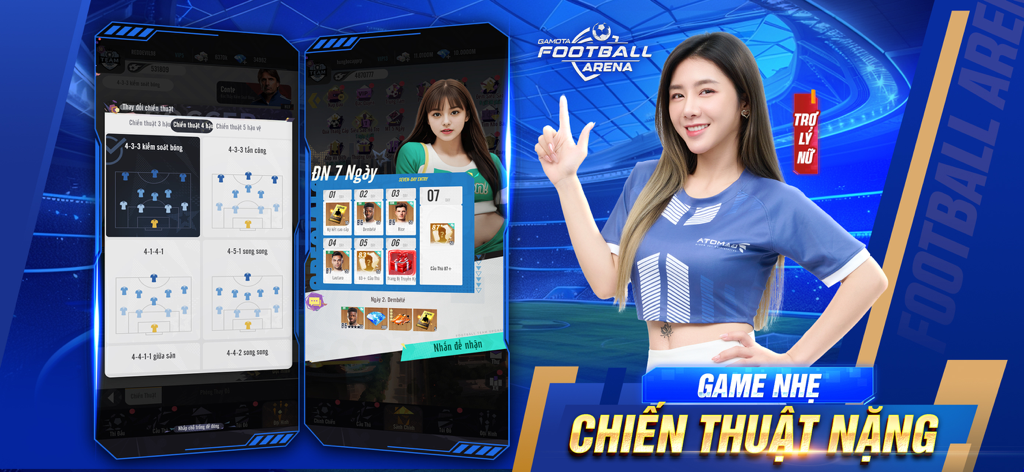 Football Arena: Vua Bóng Đá - Football Arena Vua Bong Da mobile game interface showing tactical formations and login rewards