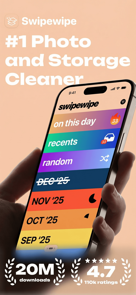 Photo Cleaner: Swipewipe - Teléfono inteligente que muestra la interfaz de la aplicación Swipewipe para la gestión de fotos y almacenamiento.