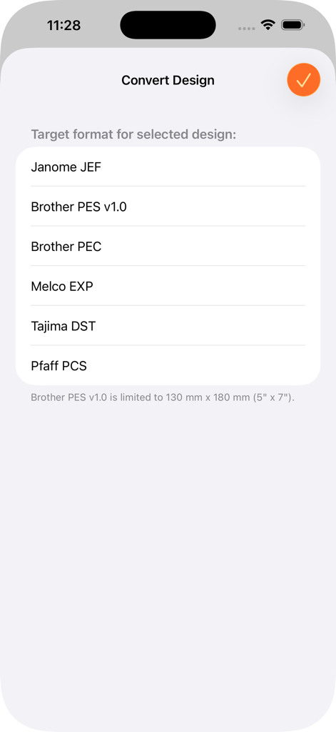 StitchBuddy HD - StitchBuddy HD app screen showing options to convert embroidery designs into various formats like Janome JEF and Brother PES