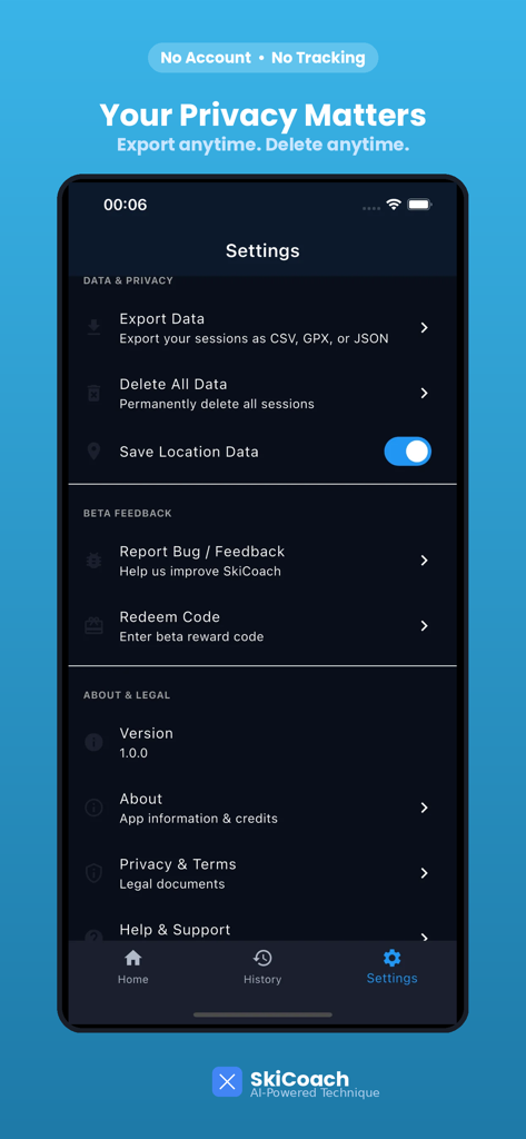 SkiCoach – AI Ski Coaching - Einstellungsbildschirm der SkiCoach-App mit Datenschutzeinstellungen und Exportfunktionen