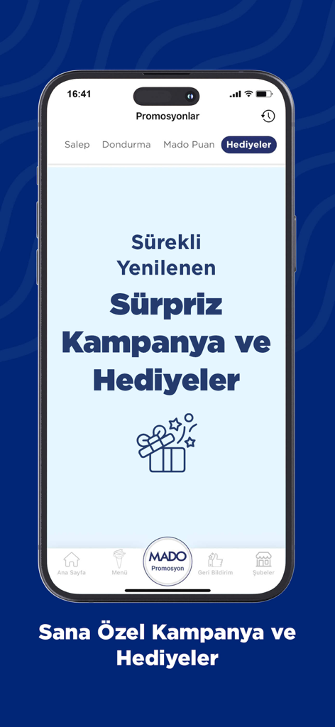 MADO Global - MADO Globalモバイルアプリの画面。ユーザー向けのサプライズプロモーションと特別ギフトキャンペーンを表示しています。