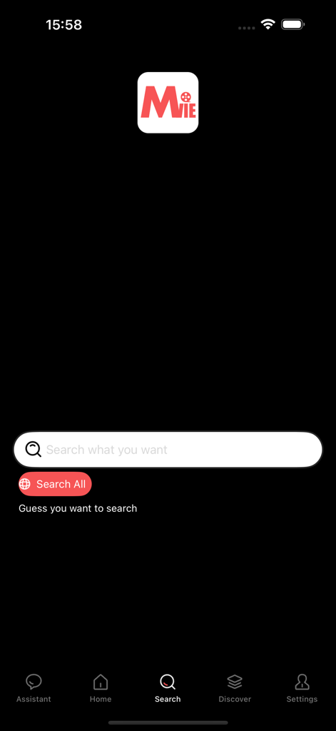 Search screen of the Panda Movies app featuring a search bar and bottom navigation menu on a dark interface