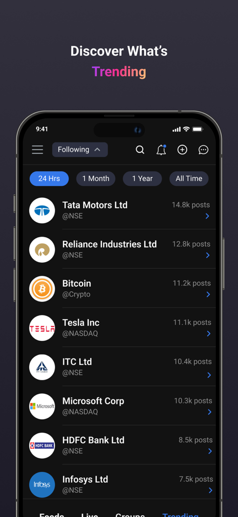 Whalesbook - A mobile interface from the Whalesbook app showing a trending list of stocks and cryptocurrencies including Bitcoin and Tesla with post activity counts.