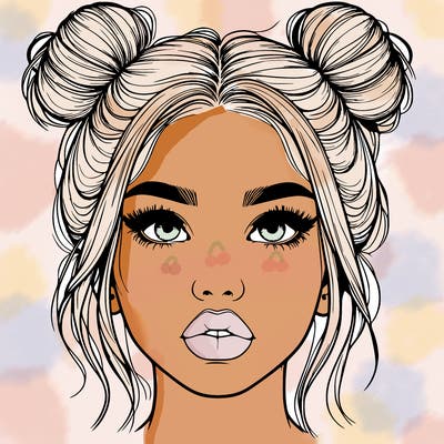 realistic girl with two buns on her hair and lips