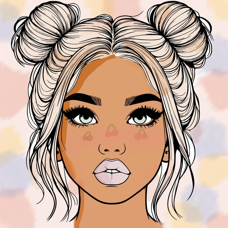 realistic girl with two buns on her hair and lips