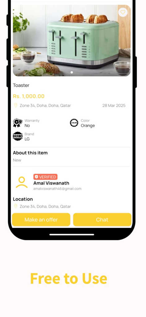 Lynk mobile app interface showing a local listing for a toaster with chat and offer options