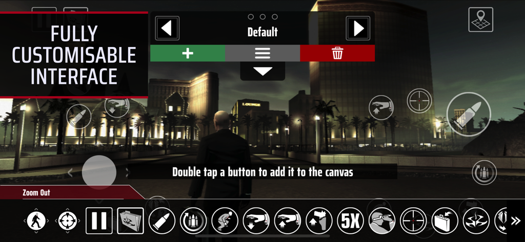 Hitman: Blood Money — Reprisal - Agent 47 in Hitman Blood Money Reprisal showcasing the fully customizable touchscreen interface with various control icons