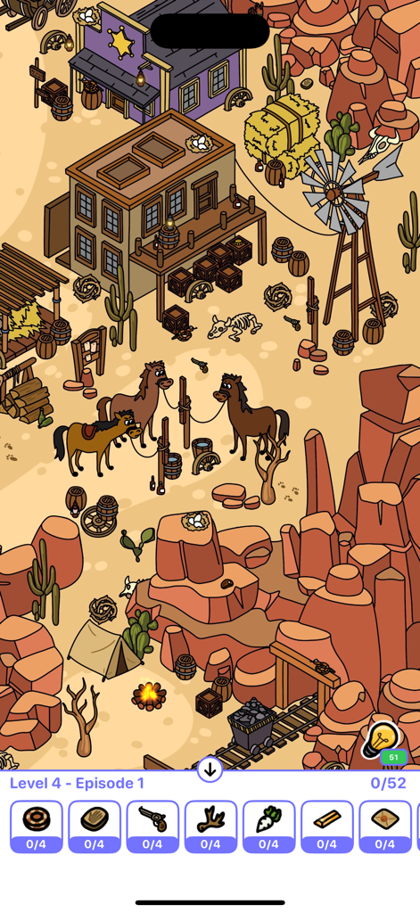 Wild West level in Seek and Find Hidden Objects game showing a hand-drawn desert map with horses and cacti
