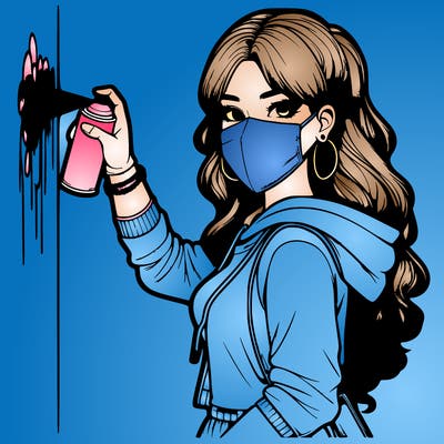 realistic girl with mask spray painting a wall