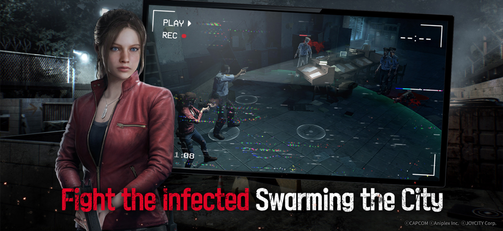 バイオハザード サバイバルユニットのクレア・レッドフィールドが、都市部のオフィスでゾンビと戦う生存者を示す戦術ゲーム画面の隣に立っている。