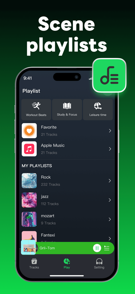 Interface of HT Offline Music Player showing scene-based playlists and custom music library organization.