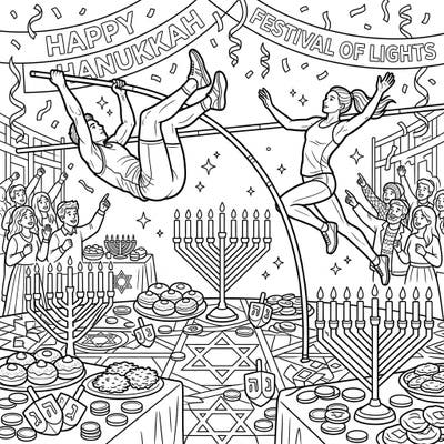 Experience an unprecedented blend of athleticism and tradition with this captivating pole vaulter Hanukkah coloring page. Celebrate the Festival of Lights by coloring a dynamic scene filled with menorahs, dreidels, and cheering spectators.