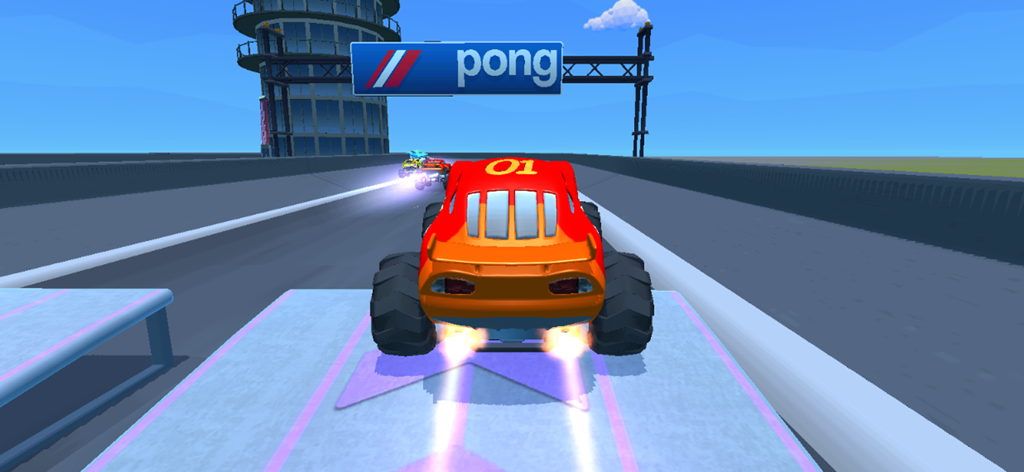 Super Monster Truck Racing - A red monster truck using nitro boost on a race track