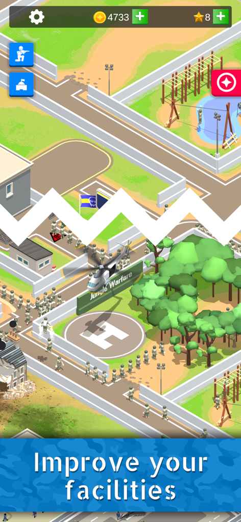 Aerial view of an army base in Idle Army Base: Tycoon Game showing troop training in the Jungle Warfare zone and a helipad.